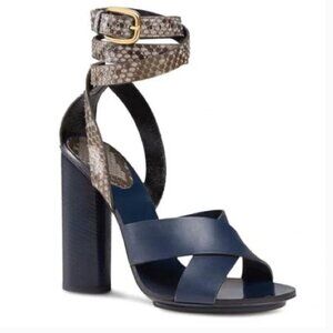 GUCCI BLUE CANDY STACKED PYTHON STACKED HEEL SANDALS SIZE 36